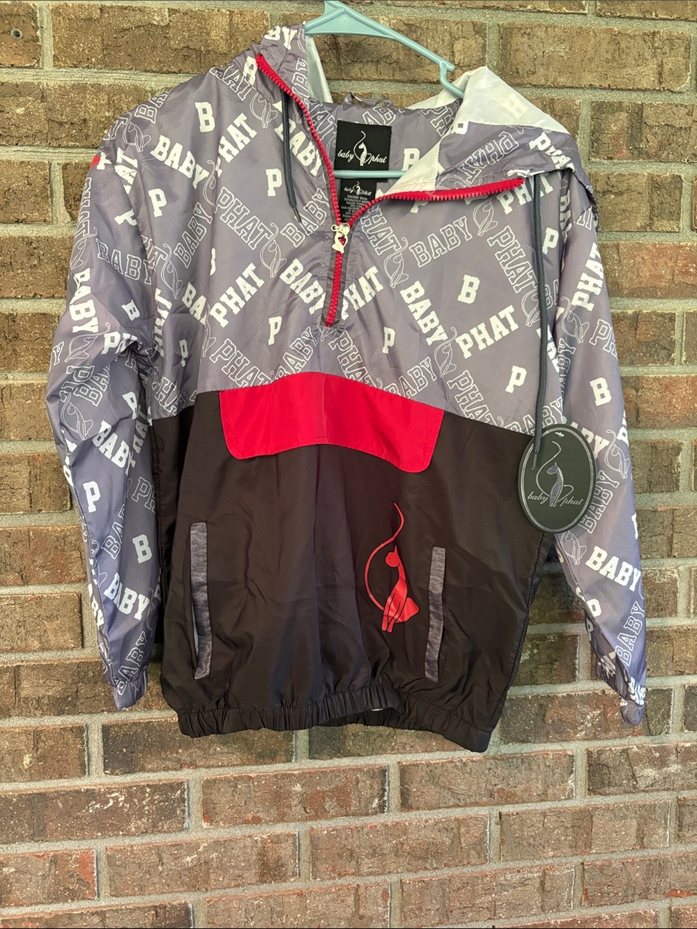 Baby Phat Gray & Black Hooded Raincoat with Red Accent